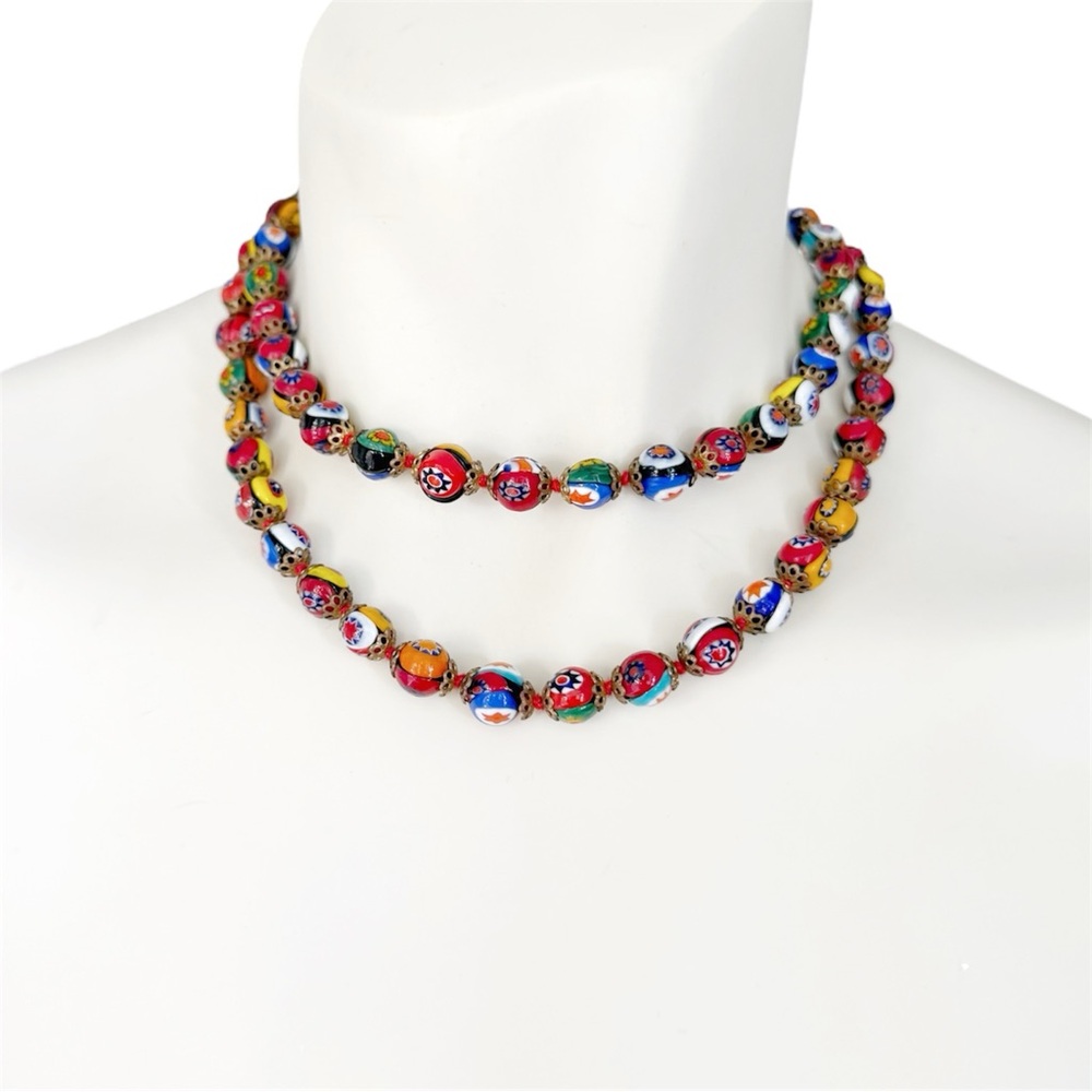 Vintage Murano Millefiori Venetian Art Glass Gold Beaded Long Necklace Italian